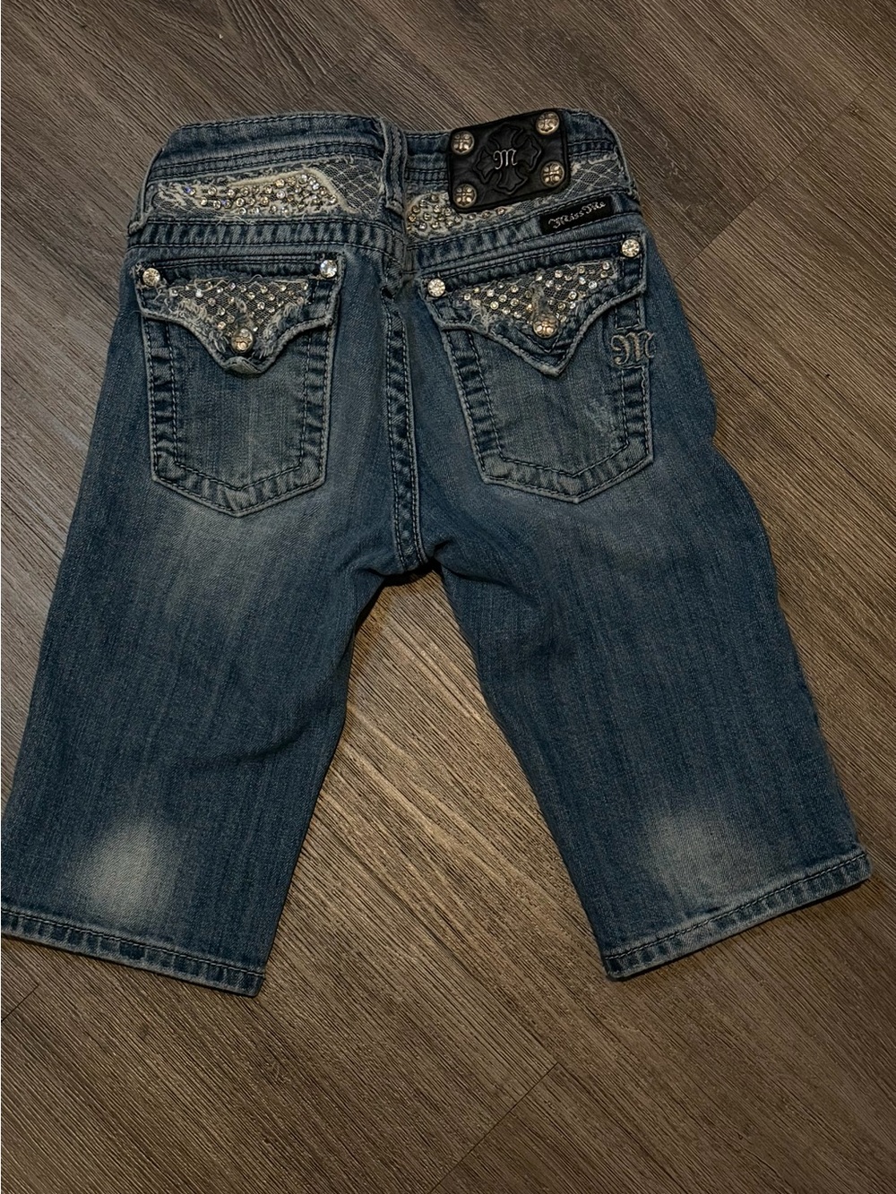 Miss Me Faded Blue Denim Bermuda Shorts with Gold Studs